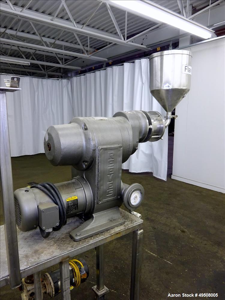 Used Colloid Mill, 316 Stainless Steel. Approximate 5-1/2" diameter chamber. Dual (40) pin rotor. Driven by a Reeves manual variable speed gearbox, 5 HP, 3/60/208-230/460 volt, 1725 rpm motor with 1....