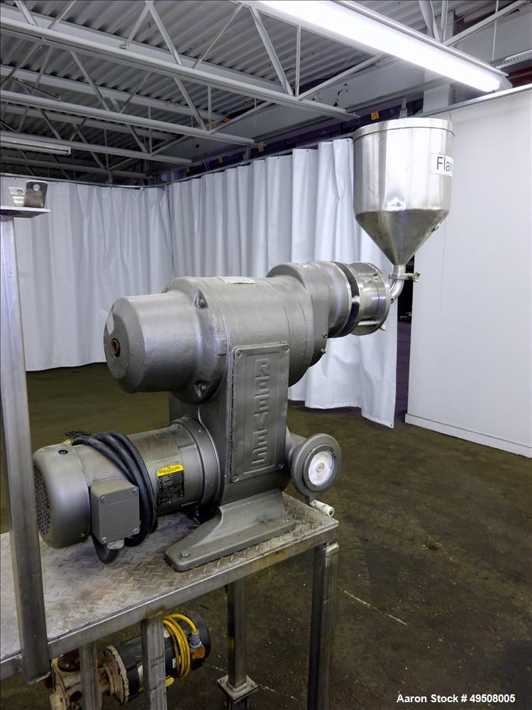 Used- Colloid Mill, 316 Stainless Steel. Approximate 5-1/2" diameter chamber. Dual (40) pin rotor. Driven by a Reeves manual...