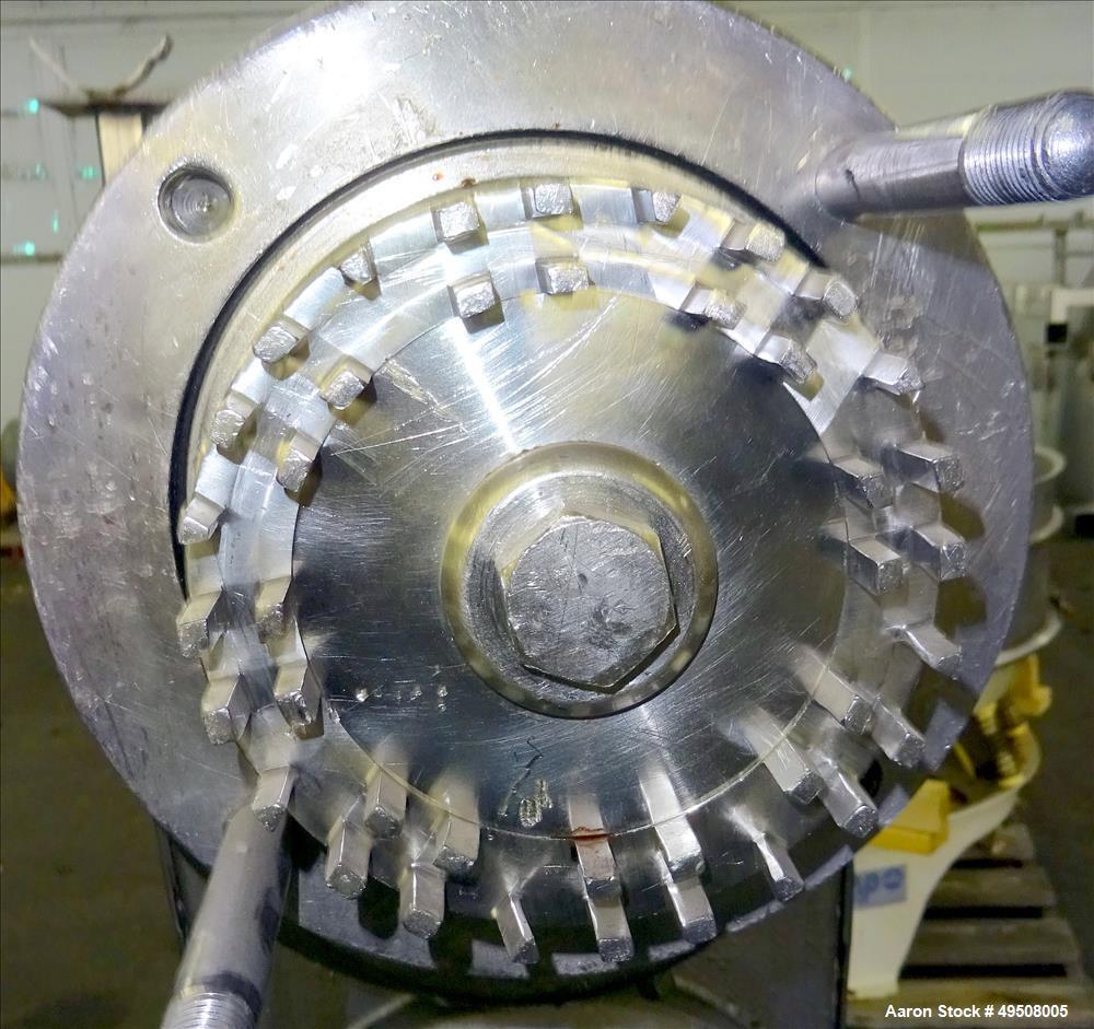 Used Colloid Mill, 316 Stainless Steel. Approximate 5-1/2" diameter chamber. Dual (40) pin rotor. Driven by a Reeves manual variable speed gearbox, 5 HP, 3/60/208-230/460 volt, 1725 rpm motor with 1....