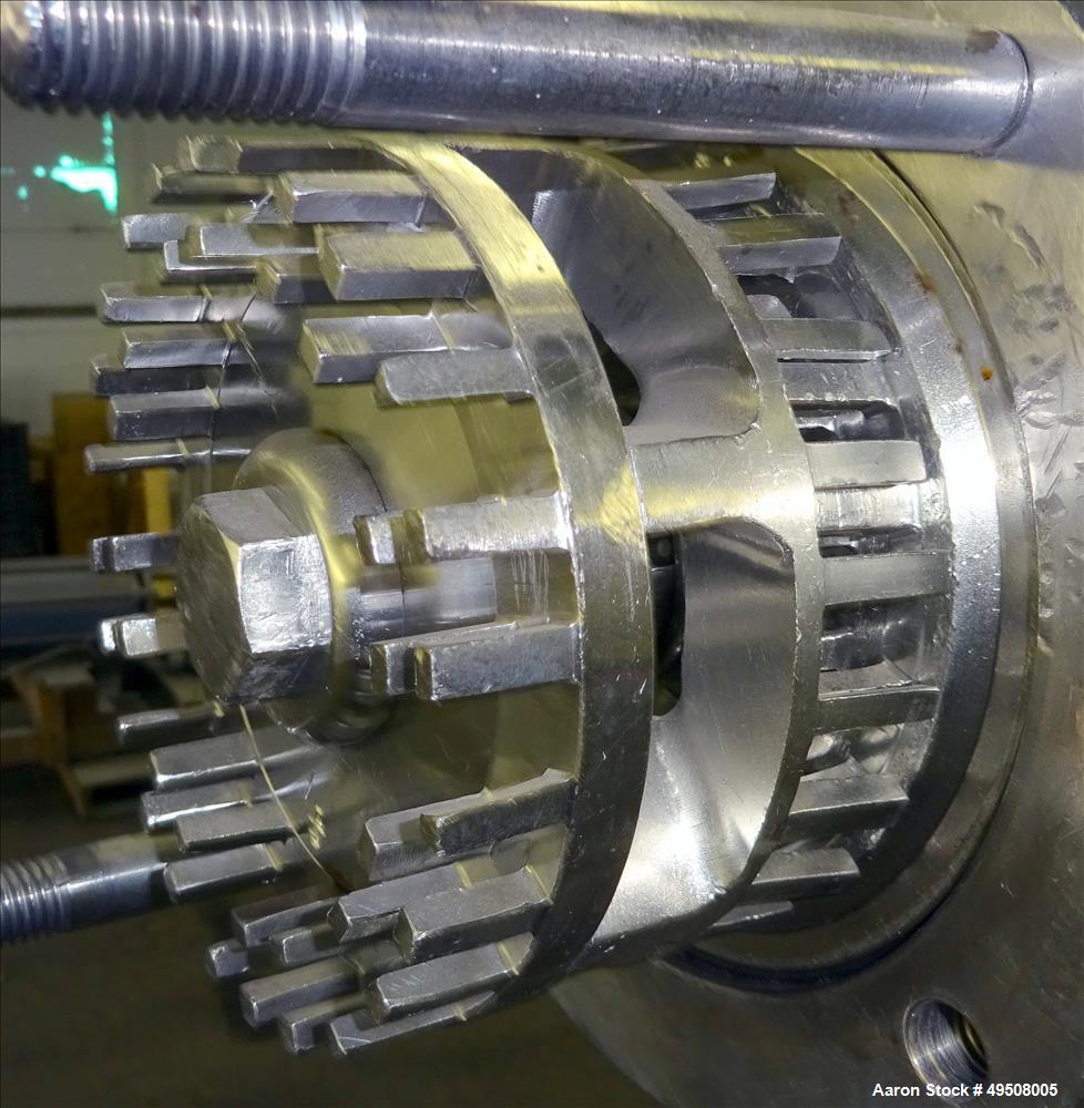 Used Colloid Mill, 316 Stainless Steel. Approximate 5-1/2" diameter chamber. Dual (40) pin rotor. Driven by a Reeves manual variable speed gearbox, 5 HP, 3/60/208-230/460 volt, 1725 rpm motor with 1....