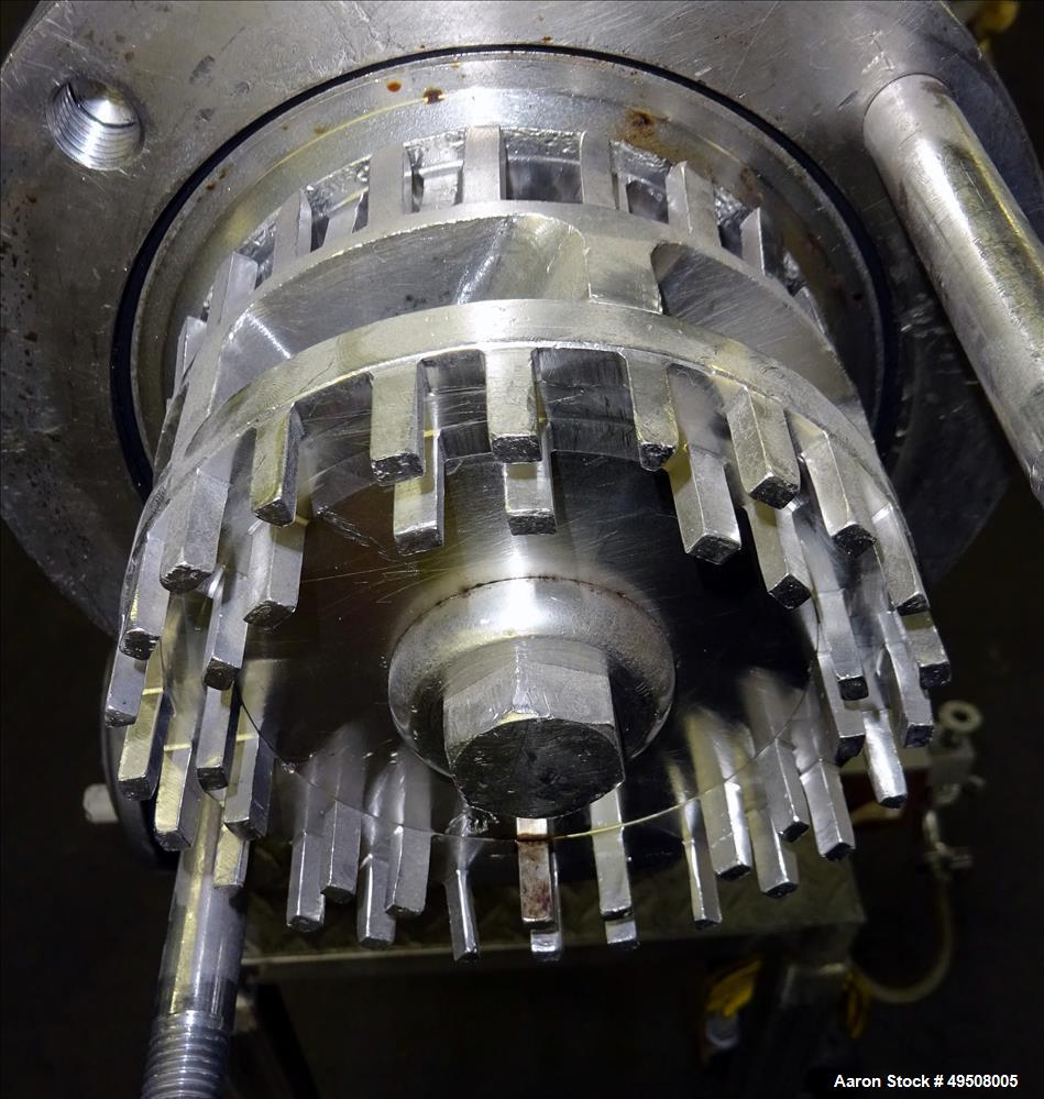 Used Colloid Mill, 316 Stainless Steel. Approximate 5-1/2" diameter chamber. Dual (40) pin rotor. Driven by a Reeves manual variable speed gearbox, 5 HP, 3/60/208-230/460 volt, 1725 rpm motor with 1....