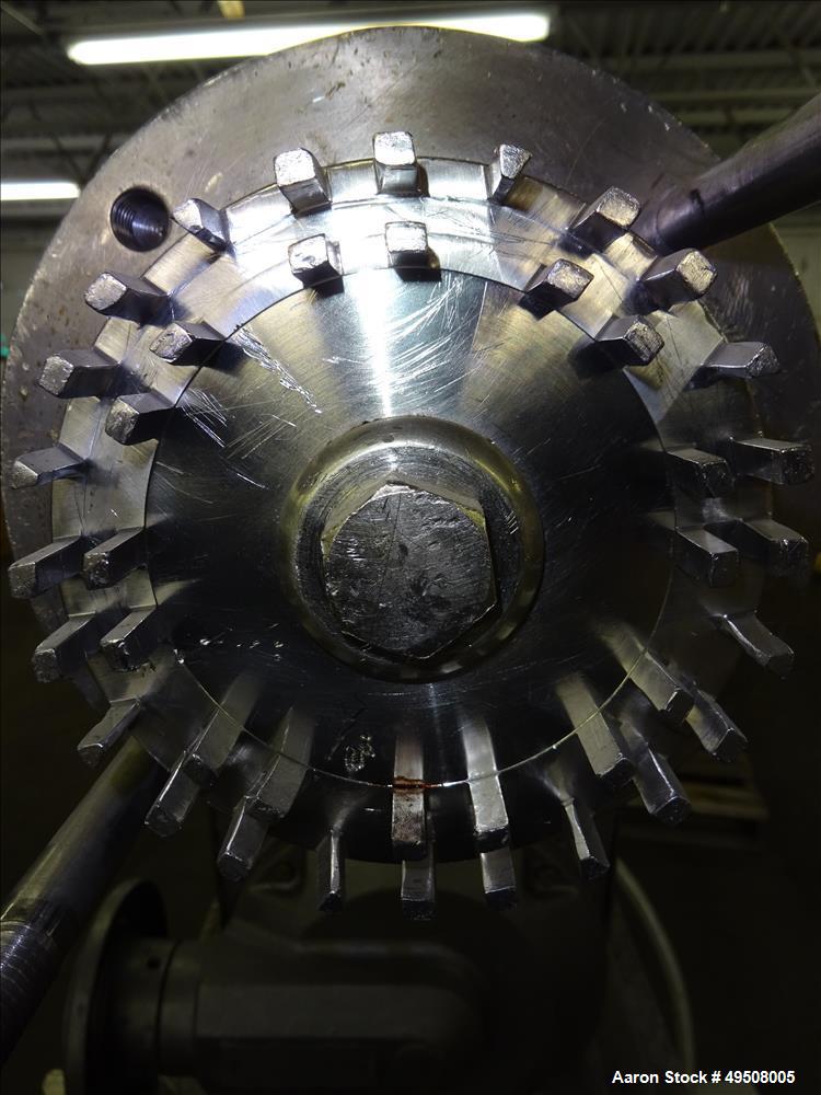 Used Colloid Mill, 316 Stainless Steel. Approximate 5-1/2" diameter chamber. Dual (40) pin rotor. Driven by a Reeves manual variable speed gearbox, 5 HP, 3/60/208-230/460 volt, 1725 rpm motor with 1....
