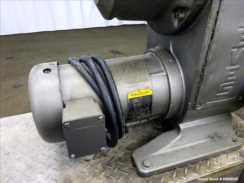 Used Colloid Mill, 316 Stainless Steel. Approximate 5-1/2" diameter chamber. Dual (40) pin rotor. Driven by a Reeves manual variable speed gearbox, 5 HP, 3/60/208-230/460 volt, 1725 rpm motor with 1....