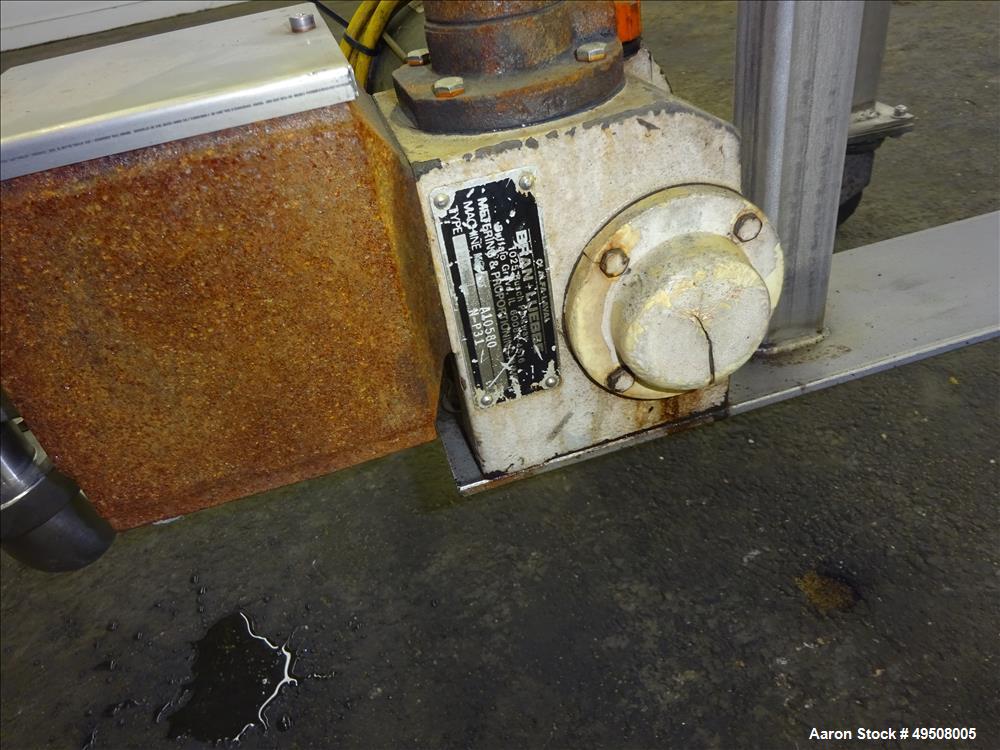 Used Colloid Mill, 316 Stainless Steel. Approximate 5-1/2" diameter chamber. Dual (40) pin rotor. Driven by a Reeves manual variable speed gearbox, 5 HP, 3/60/208-230/460 volt, 1725 rpm motor with 1....
