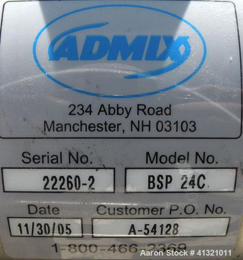 Used Admix Inline High Shear Pump, Model BSP 24C, 316 Stainless Steel. Approximately 10 to 30 gallons per minute capacity, tip speed 41 feet per second. 2.4" diameter single head rotor with 2 rows of...