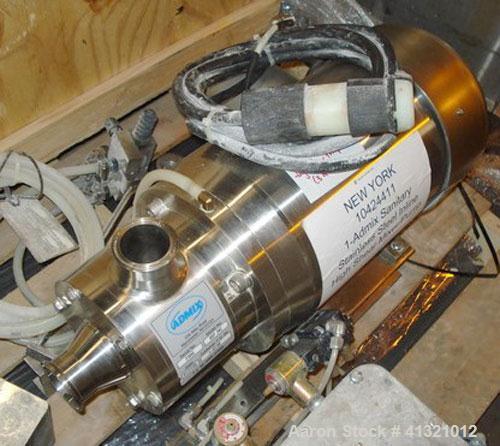 Used Admix Inline High Shear Pump, model BSP 24C, 316 stainless steel. Approximately 10 to 30 gallons per minute capacity, tip speed 41 feet per second. 2.4" diameter single head rotor with 2 rows of...