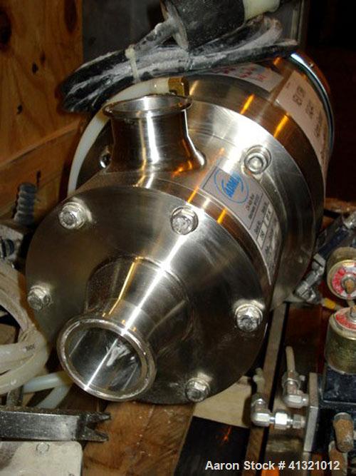 Used Admix Inline High Shear Pump, model BSP 24C, 316 stainless steel. Approximately 10 to 30 gallons per minute capacity, tip speed 41 feet per second. 2.4" diameter single head rotor with 2 rows of...
