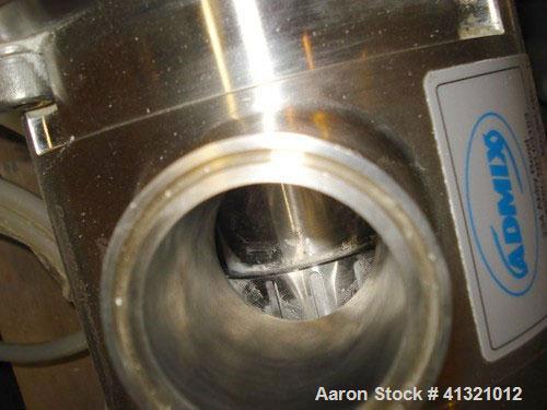 Used Admix Inline High Shear Pump, model BSP 24C, 316 stainless steel. Approximately 10 to 30 gallons per minute capacity, tip speed 41 feet per second. 2.4" diameter single head rotor with 2 rows of...