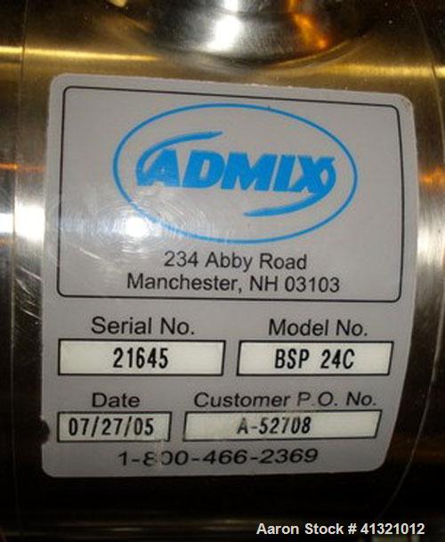 Used Admix Inline High Shear Pump, model BSP 24C, 316 stainless steel. Approximately 10 to 30 gallons per minute capacity, tip speed 41 feet per second. 2.4" diameter single head rotor with 2 rows of...