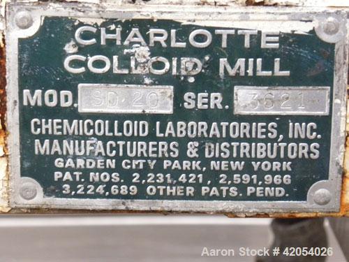Used Charlotte Colloid Mill, Model SD 20, 316 stainless steel, sanitary design. Jacketed chamber approximately 7-1/2" diameter x 4" deep. Grooved stator, missing the rotor. 1-3/8" diameter inlet/outl...