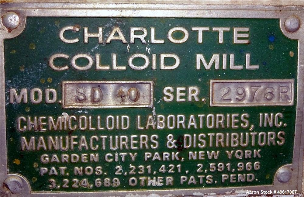 Used Charlotte Colloid Mill, Model SD 40, 316 Stainless Steel.