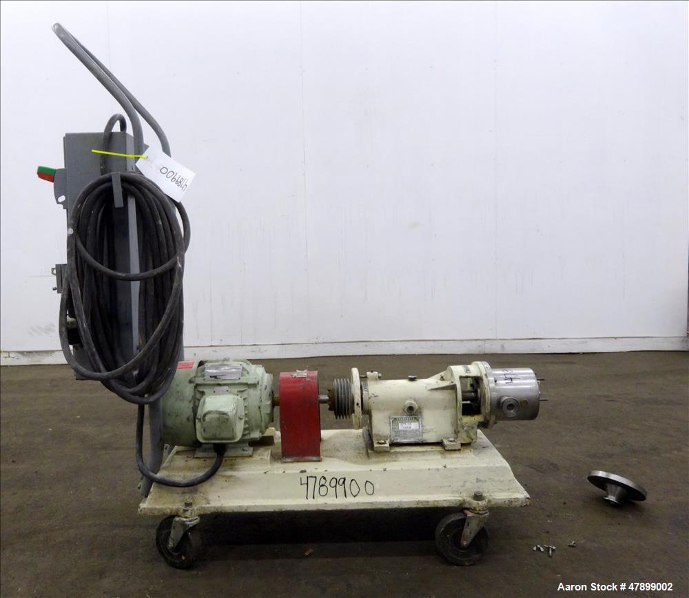 Used Charlotte Colloid Mill, Model SD 2, 316 Stainless Steel, Sanitary Design. Jacketed chamber approximately 7-1/2" diameter x 4" deep. Grooved stator & rotor. Approximate 1" diameter inlet/outlet. ...