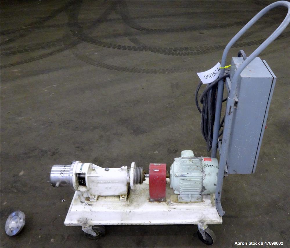 Used Charlotte Colloid Mill, Model SD 2, 316 Stainless Steel, Sanitary Design. Jacketed chamber approximately 7-1/2" diameter x 4" deep. Grooved stator & rotor. Approximate 1" diameter inlet/outlet. ...