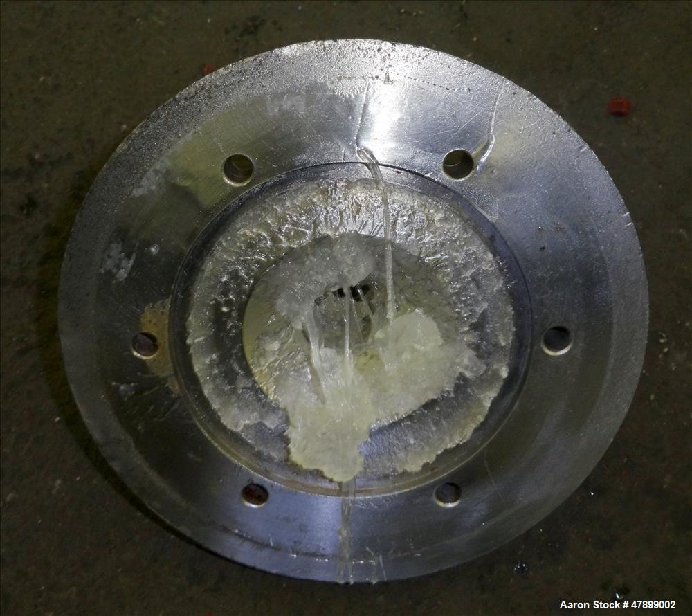 Used Charlotte Colloid Mill, Model SD 2, 316 Stainless Steel, Sanitary Design. Jacketed chamber approximately 7-1/2" diameter x 4" deep. Grooved stator & rotor. Approximate 1" diameter inlet/outlet. ...
