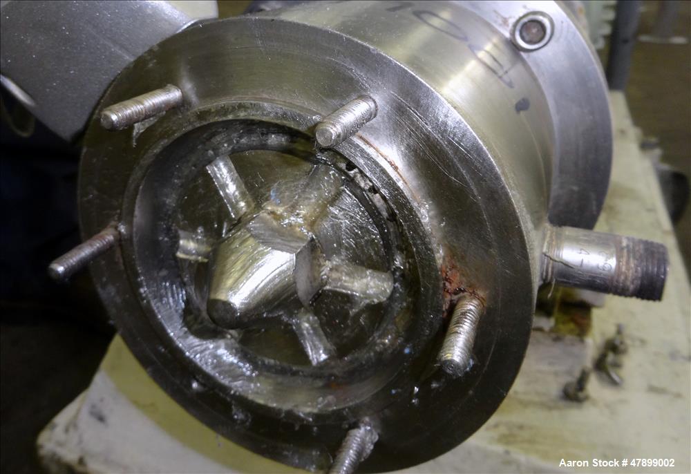 Used Charlotte Colloid Mill, Model SD 2, 316 Stainless Steel, Sanitary Design. Jacketed chamber approximately 7-1/2" diameter x 4" deep. Grooved stator & rotor. Approximate 1" diameter inlet/outlet. ...