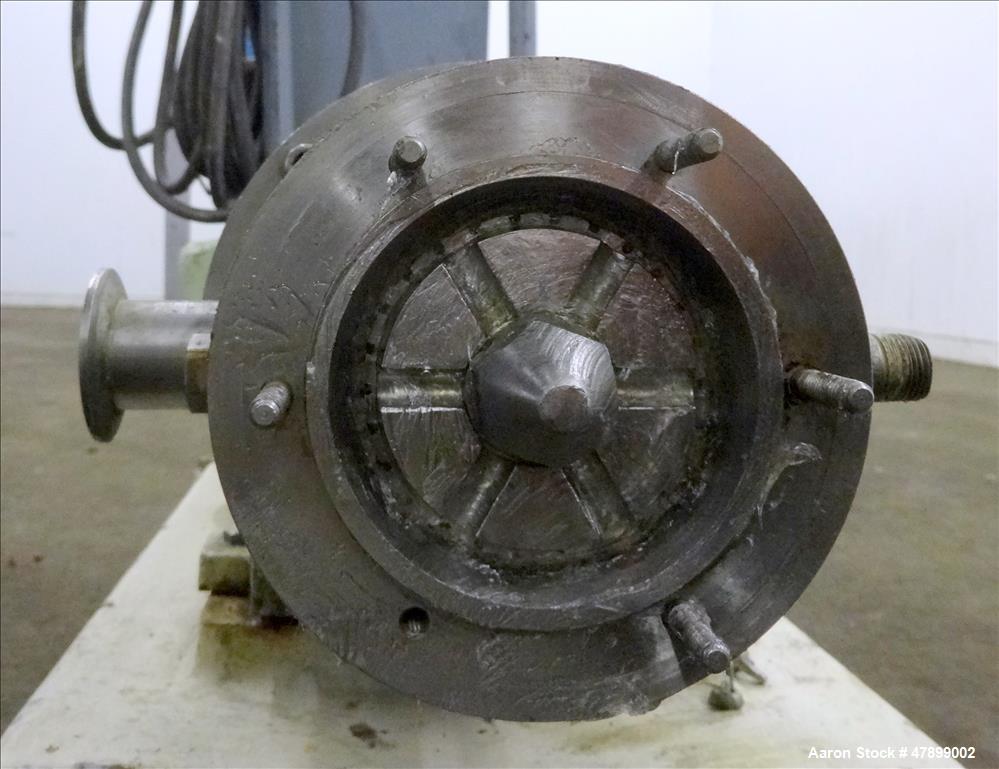 Used Charlotte Colloid Mill, Model SD 2, 316 Stainless Steel, Sanitary Design. Jacketed chamber approximately 7-1/2" diameter x 4" deep. Grooved stator & rotor. Approximate 1" diameter inlet/outlet. ...