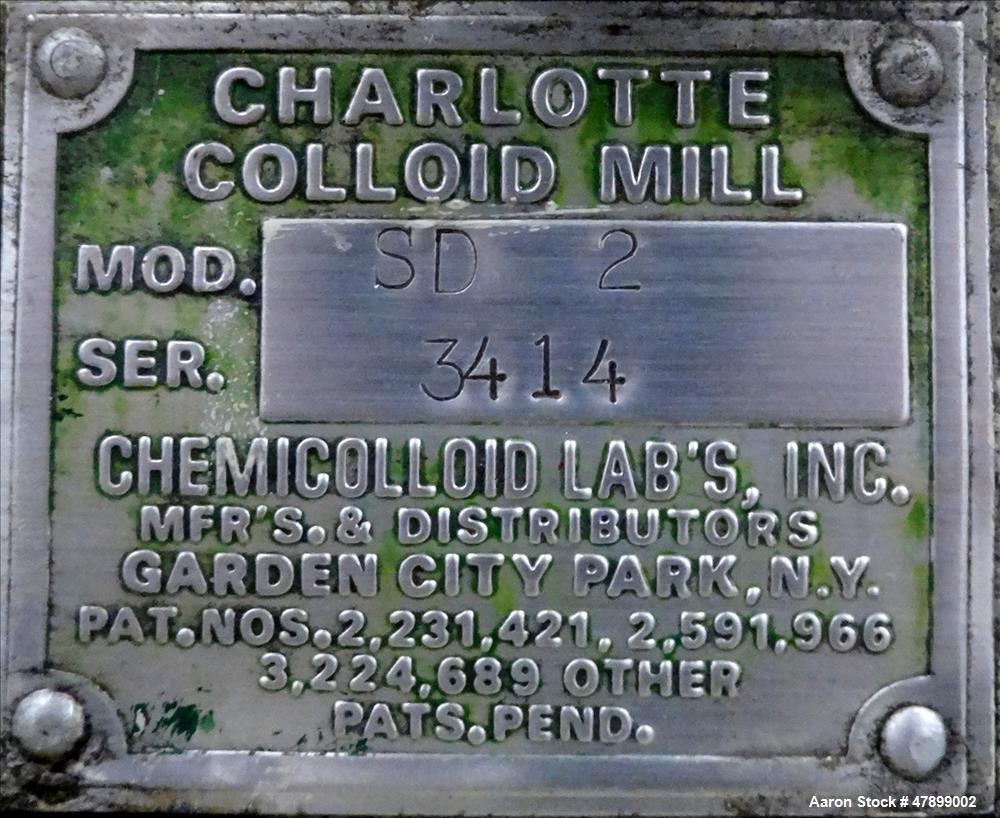 Used Charlotte Colloid Mill, Model SD 2, 316 Stainless Steel, Sanitary Design. Jacketed chamber approximately 7-1/2" diameter x 4" deep. Grooved stator & rotor. Approximate 1" diameter inlet/outlet. ...
