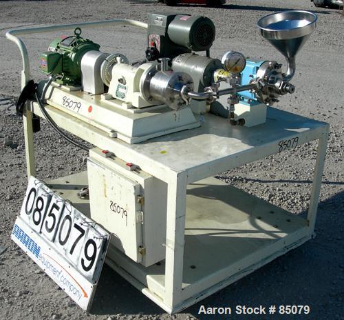 USED: Charlotte colloid mill, model SD2, 316 stainless steel, sanitary design. Jacketed chamber. Approx 2-3/4" diameter grooved rotor with stator. 7/8" diameter tri clamp inlet/outlet. Rated 1-60 gal...