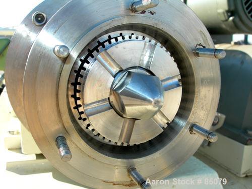 USED: Charlotte colloid mill, model SD2, 316 stainless steel, sanitary design. Jacketed chamber. Approx 2-3/4" diameter grooved rotor with stator. 7/8" diameter tri clamp inlet/outlet. Rated 1-60 gal...