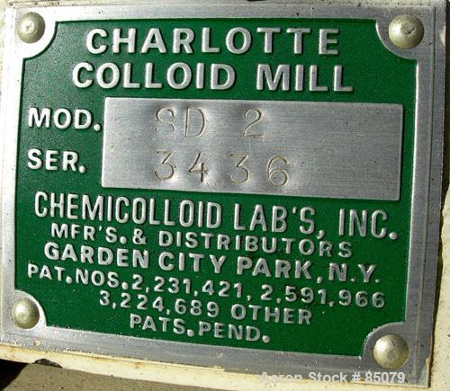 USED: Charlotte colloid mill, model SD2, 316 stainless steel, sanitary design. Jacketed chamber. Approx 2-3/4" diameter grooved rotor with stator. 7/8" diameter tri clamp inlet/outlet. Rated 1-60 gal...