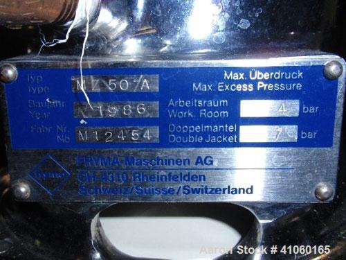 Used Fryma Colloid Mill, Model MZ 50/A, stainless steel construction, rated 4 bar internal, jacketed for 7 bar with .75 kW, 3430 rpm, 460 volt motor. Serial #M12454.