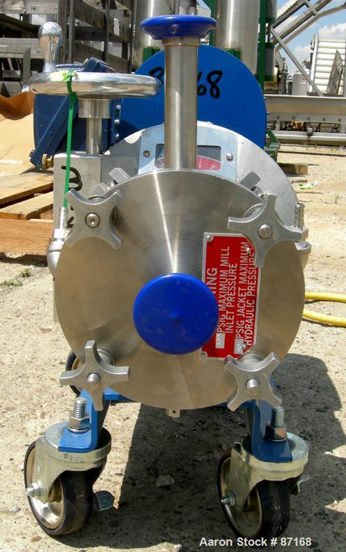 USED: Greerco horizontal inline colloid mill, model W250H, 316 stainless steel. Jacketed housing rated 90 psi at 300 deg F. Max inlet pressure 100 psi. Approximate 2-1/2" diameter rotor. Adjustable g...
