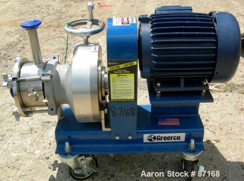 USED: Greerco horizontal inline colloid mill, model W250H, 316 stainless steel. Jacketed housing rated 90 psi at 300 deg F. Max inlet pressure 100 psi. Approximate 2-1/2" diameter rotor. Adjustable g...