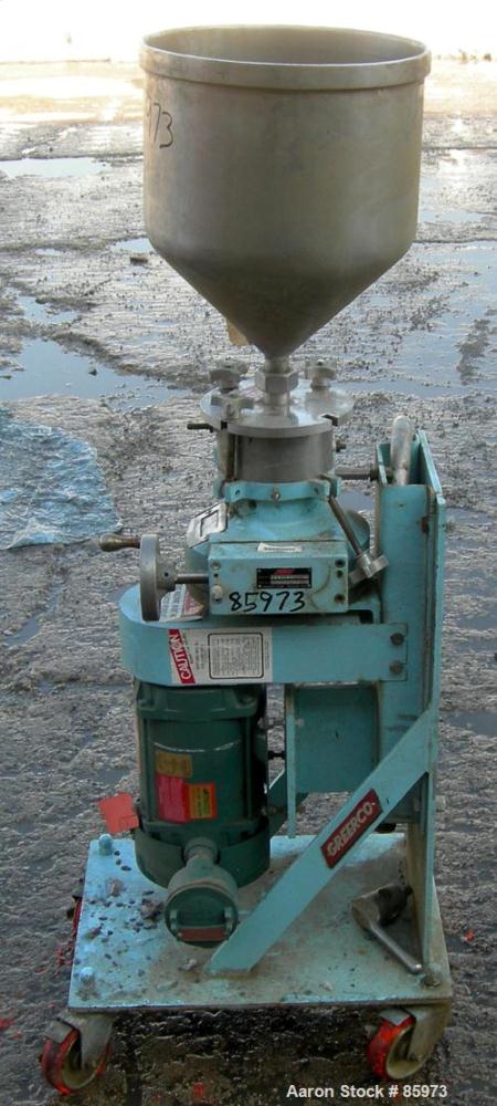 USED: Greerco vertical colloid mill, model W250V-B, 304 stainlesssteel. Jacketed housing. Approx 2" diameter rotor, adjustable gapsettings, peripheral velocity 78 ft/sec. Rated approx 20 gallons perm...