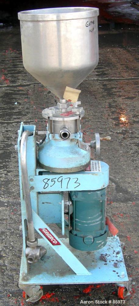 USED: Greerco vertical colloid mill, model W250V-B, 304 stainlesssteel. Jacketed housing. Approx 2" diameter rotor, adjustable gapsettings, peripheral velocity 78 ft/sec. Rated approx 20 gallons perm...