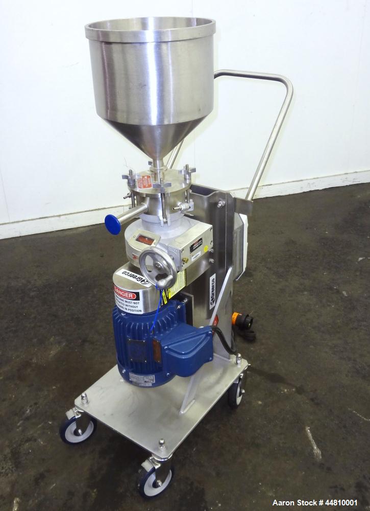 Used Greerco Vertical Colloid Mill, Model W250VB, 316 Stainless Steel. Rated approximately 20 gallons per minute depending on product. Approximately 2-1/2" diameter (6) blade rotor, approximately 2-1...