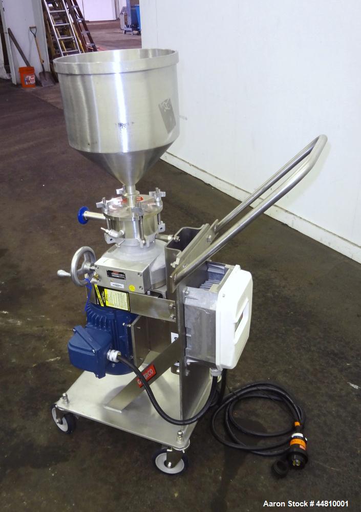 Used Greerco Vertical Colloid Mill, Model W250VB, 316 Stainless Steel. Rated approximately 20 gallons per minute depending on product. Approximately 2-1/2" diameter (6) blade rotor, approximately 2-1...