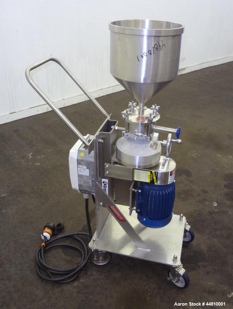 Used Greerco Vertical Colloid Mill, Model W250VB, 316 Stainless Steel. Rated approximately 20 gallons per minute depending on product. Approximately 2-1/2" diameter (6) blade rotor, approximately 2-1...