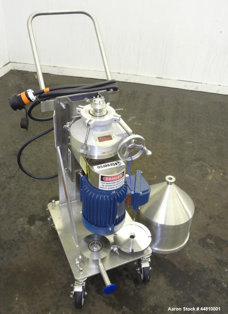 Used Greerco Vertical Colloid Mill, Model W250VB, 316 Stainless Steel. Rated approximately 20 gallons per minute depending on product. Approximately 2-1/2" diameter (6) blade rotor, approximately 2-1...