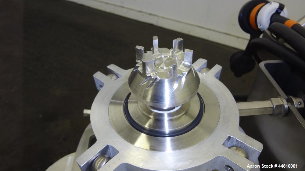 Used Greerco Vertical Colloid Mill, Model W250VB, 316 Stainless Steel. Rated approximately 20 gallons per minute depending on product. Approximately 2-1/2" diameter (6) blade rotor, approximately 2-1...