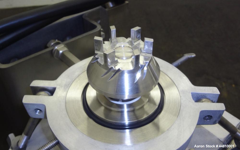 Used Greerco Vertical Colloid Mill, Model W250VB, 316 Stainless Steel. Rated approximately 20 gallons per minute depending on product. Approximately 2-1/2" diameter (6) blade rotor, approximately 2-1...