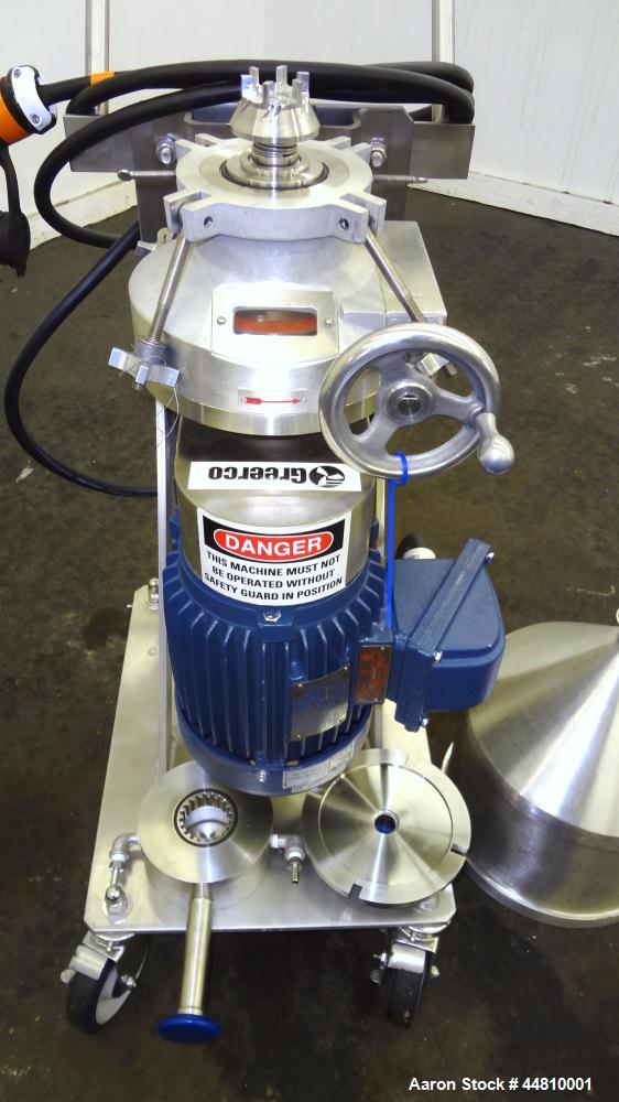 Used Greerco Vertical Colloid Mill, Model W250VB, 316 Stainless Steel. Rated approximately 20 gallons per minute depending on product. Approximately 2-1/2" diameter (6) blade rotor, approximately 2-1...