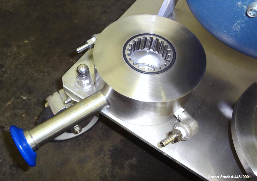 Used Greerco Vertical Colloid Mill, Model W250VB, 316 Stainless Steel. Rated approximately 20 gallons per minute depending on product. Approximately 2-1/2" diameter (6) blade rotor, approximately 2-1...
