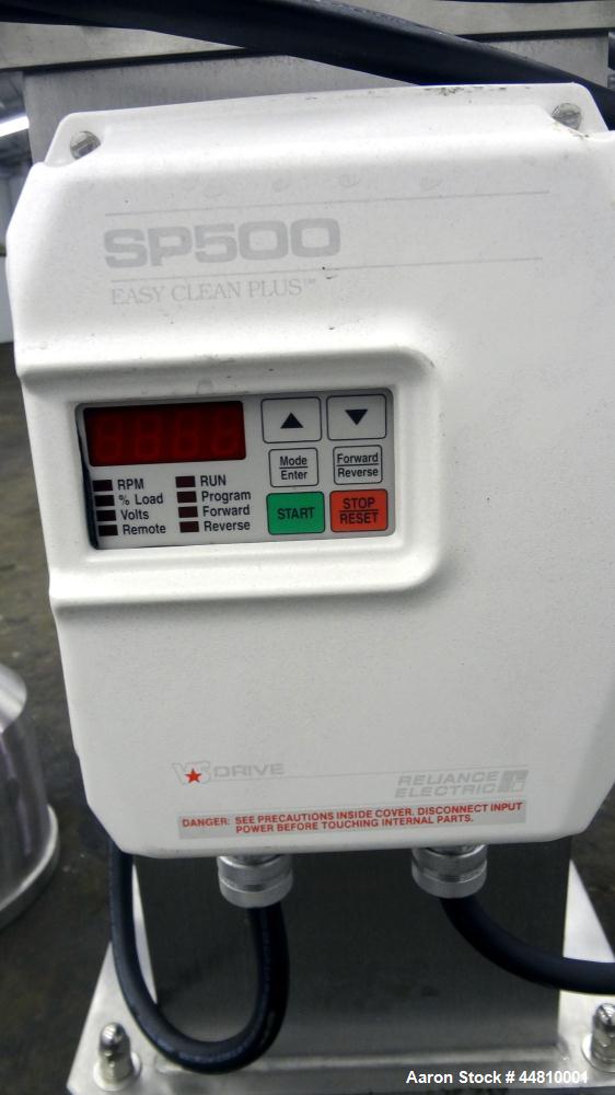 Used Greerco Vertical Colloid Mill, Model W250VB, 316 Stainless Steel. Rated approximately 20 gallons per minute depending on product. Approximately 2-1/2" diameter (6) blade rotor, approximately 2-1...