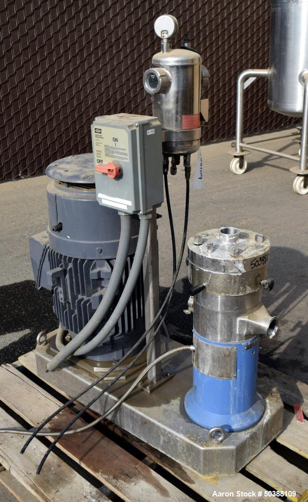 Used IKA Works Dispax Reactor High Shear Inline Disperser, Model DR 2000/10, Stainless Steel. Nominal flow rate 35 gallons per minute, nominal tip speed 4500 feet per minute. Driven by a 30hp, 3/60/2...