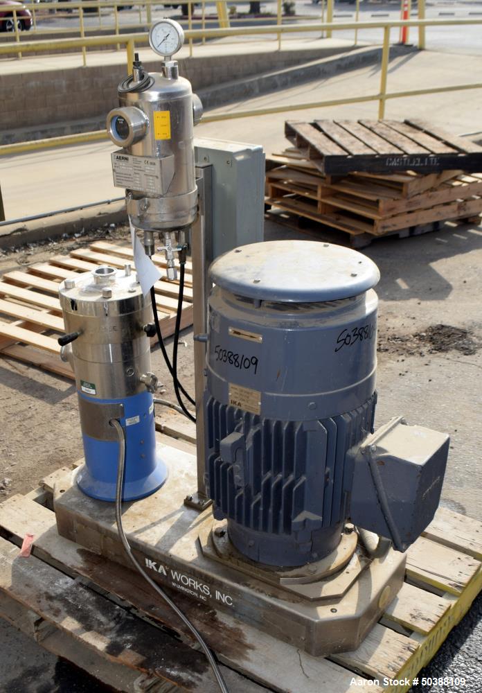 Used IKA Works Dispax Reactor High Shear Inline Disperser, Model DR 2000/10, Stainless Steel. Nominal flow rate 35 gallons per minute, nominal tip speed 4500 feet per minute. Driven by a 30hp, 3/60/2...
