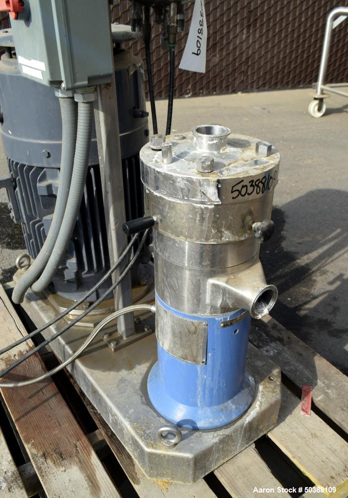 Used IKA Works Dispax Reactor High Shear Inline Disperser, Model DR 2000/10, Stainless Steel. Nominal flow rate 35 gallons per minute, nominal tip speed 4500 feet per minute. Driven by a 30hp, 3/60/2...