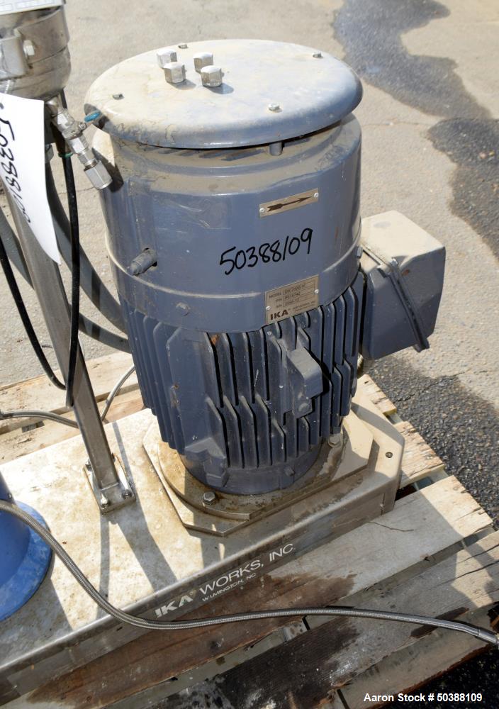 Used IKA Works Dispax Reactor High Shear Inline Disperser, Model DR 2000/10, Stainless Steel. Nominal flow rate 35 gallons per minute, nominal tip speed 4500 feet per minute. Driven by a 30hp, 3/60/2...