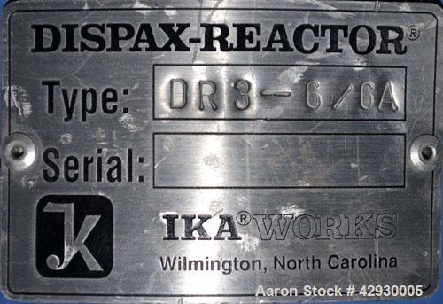 Used IKA Works Inline Dispax Reactor/High Shear, High Speed Disperser, Model DR3-6/6A, 316 Stainless Steel. Approximate 1" diameter x 4" long horizontal cutting chamber. Includes rotor/stator, and ja...
