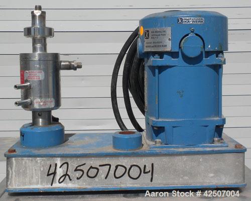 Used IKA Works Colloid Mill, Type MK2000/4, 304 Stainless Steel. Rated approximately 1.5 gallons per minute nominal flow. Jacketed chamber 2-1/2" diameter x 1/2" deep, approximate 1-3/8" rotor. Appro...