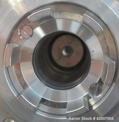 Used IKA Works Colloid Mill, Type MK2000/4, 304 Stainless Steel. Rated approximately 1.5 gallons per minute nominal flow. Jacketed chamber 2-1/2" diameter x 1/2" deep, approximate 1-3/8" rotor. Appro...