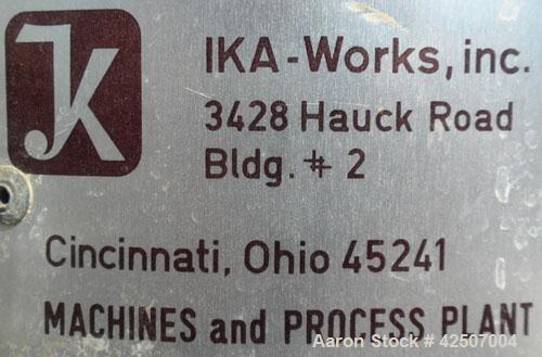 Used IKA Works Colloid Mill, Type MK2000/4, 304 Stainless Steel. Rated approximately 1.5 gallons per minute nominal flow. Jacketed chamber 2-1/2" diameter x 1/2" deep, approximate 1-3/8" rotor. Appro...