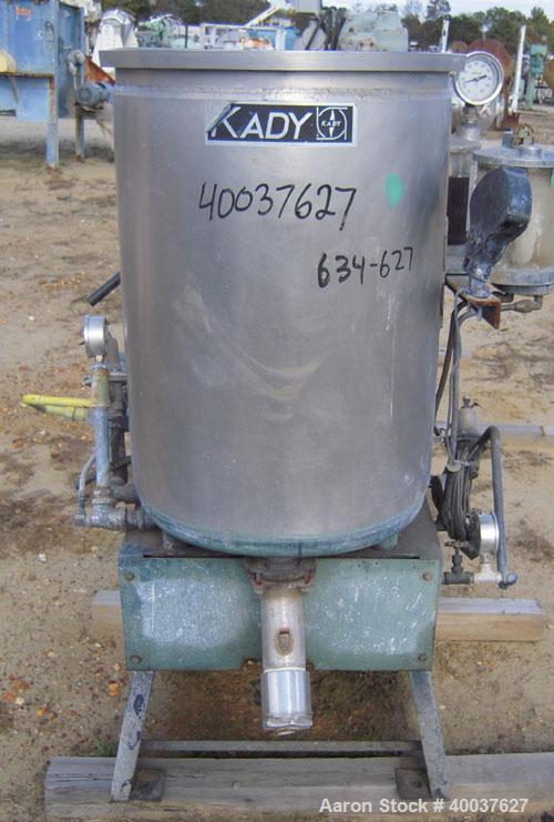Used Kady mill, model OB, stainless steel. 7 to 20 gallon batch. 18" diameter x 24" deep jacketed bowl, approximately 7" diameter stainless steel rotor and stator. Off center bottom discharge. Driven...