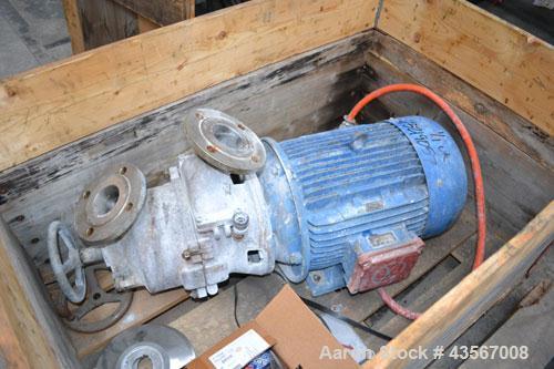 Used Fryma In-Line Colloid Mill, Model MZ-140, Stainless Steel. Approximate 2-7/8" inlet/outlet. Adjustable stator clearance, cooling jacket to head. Driven by a 2.2 kw (3hp), 3/50/380 volt, 2940 rpm...