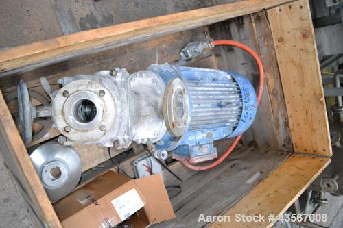 Used Fryma In-Line Colloid Mill, Model MZ-140, Stainless Steel. Approximate 2-7/8" inlet/outlet. Adjustable stator clearance, cooling jacket to head. Driven by a 2.2 kw (3hp), 3/50/380 volt, 2940 rpm...