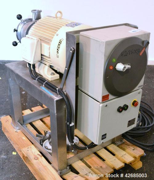 Used Probst & Class PUC Colloid Mill, Type K160/E, 316 Stainless Steel. Approximate 5’’ diameter chamber with a manually adjustable rotor and stator. 3-3/4’’ Threaded inlet and outlet. Driven by a 20...